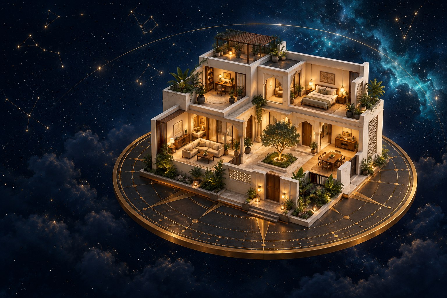 A warmly lit courtyard home on a brass compass beneath a sky full of stars