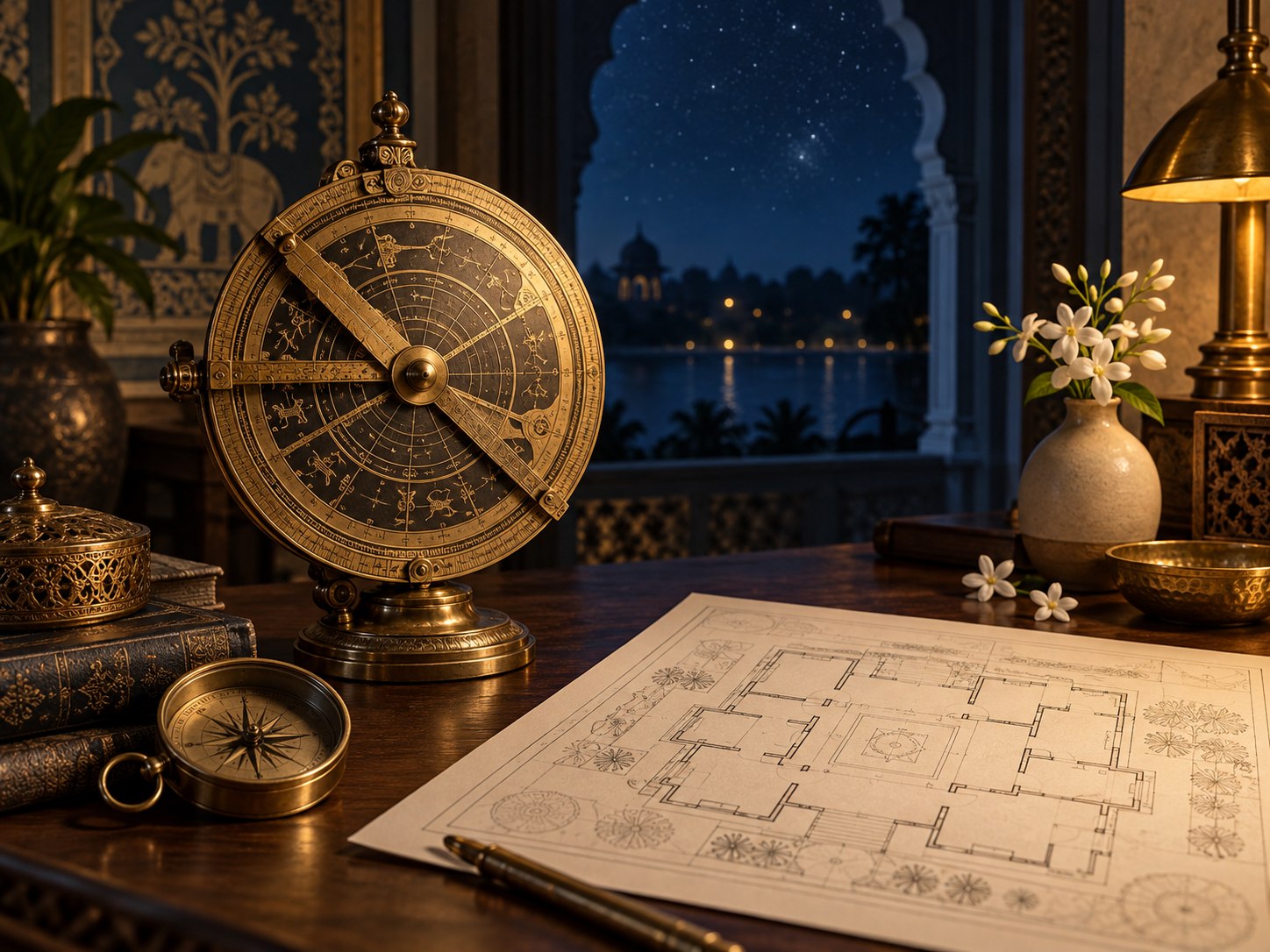 Brass astrolabe and compass beside a floor plan in a softly lit study